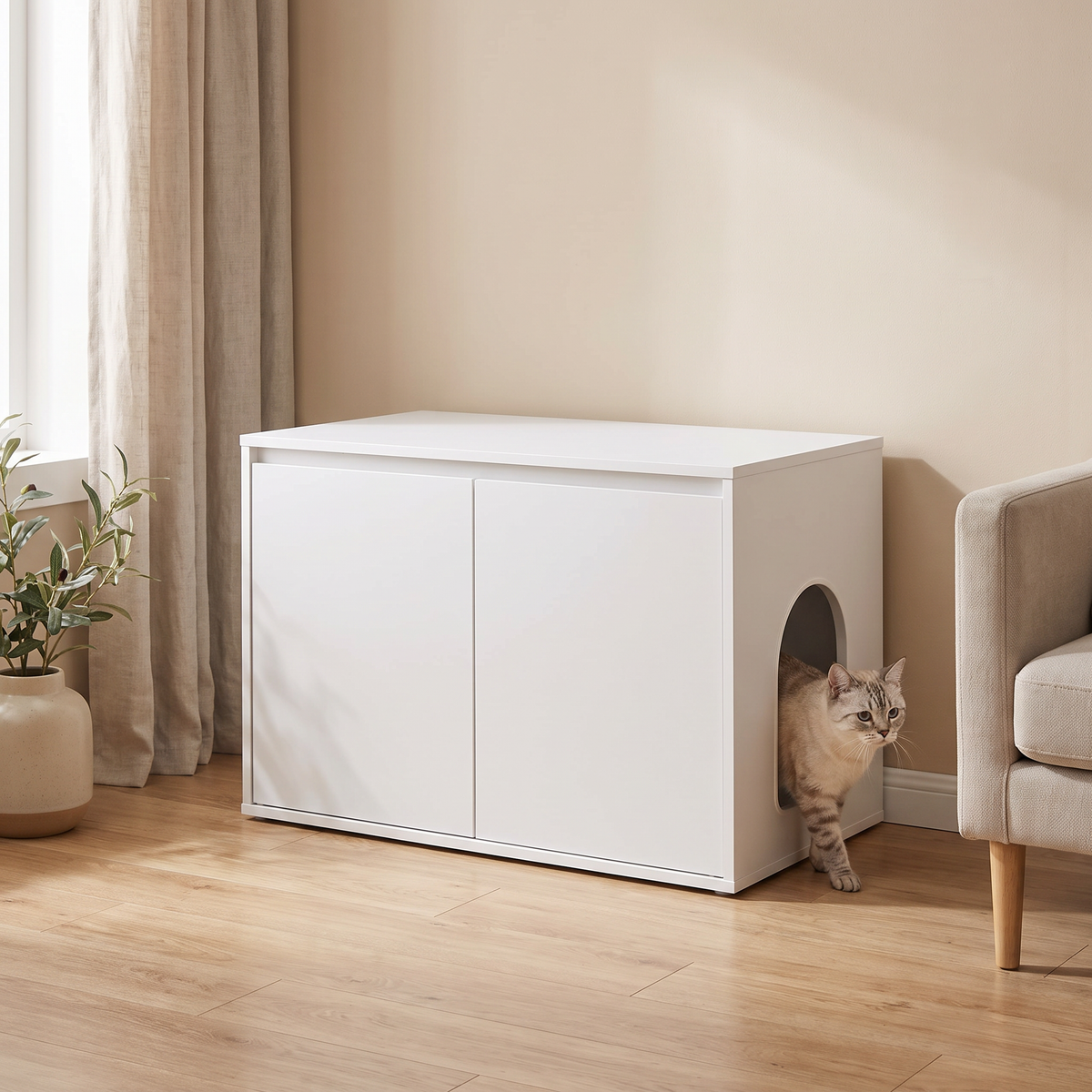 Dierenwoning Kattenbak kast wit met verstelbare zijwand