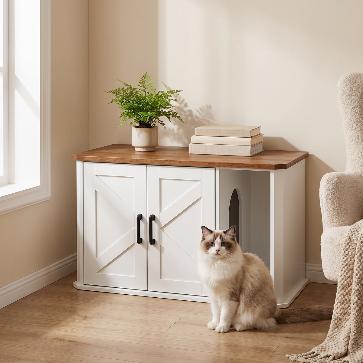 Dierenwoning Kattenbak kast wit met 2 deuren